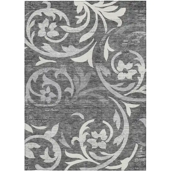Charcoal Silver And Gray Floral Washable Indoor Outdoor Area Rug Photo 5