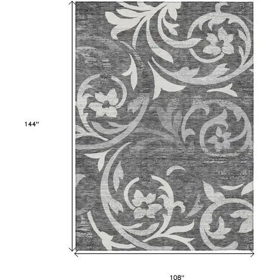 Charcoal Silver And Gray Floral Washable Indoor Outdoor Area Rug Photo 3