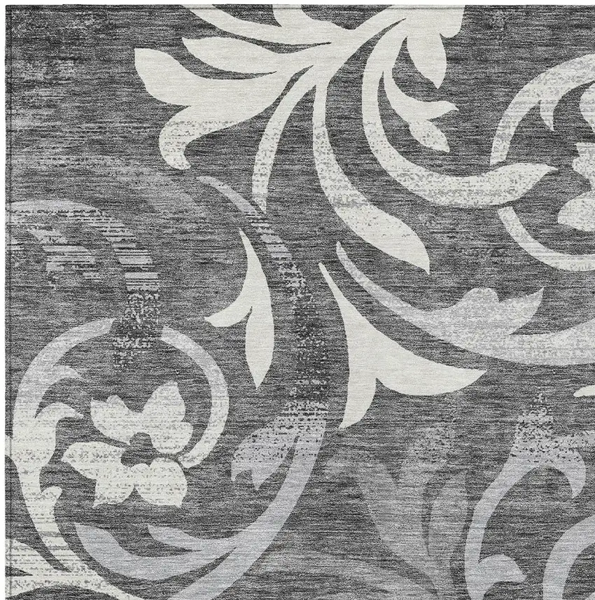 Charcoal Silver And Gray Floral Washable Indoor Outdoor Area Rug Photo 4