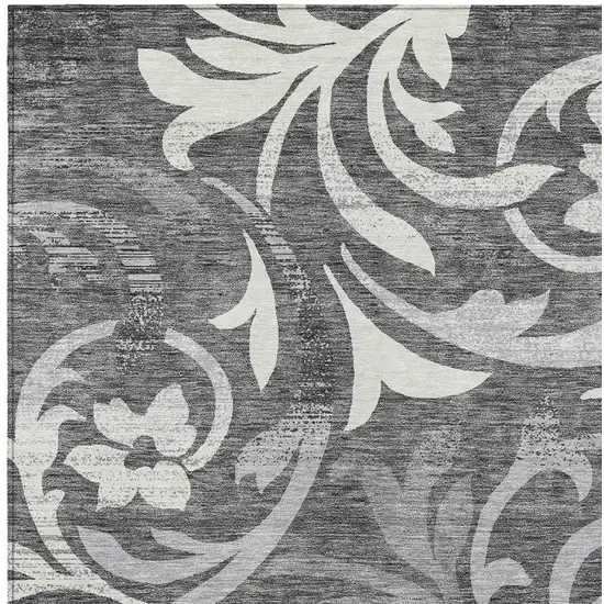 Charcoal Silver And Gray Floral Washable Indoor Outdoor Area Rug Photo 4