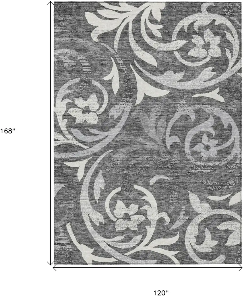 Charcoal Silver And Gray Floral Washable Indoor Outdoor Area Rug Photo 3
