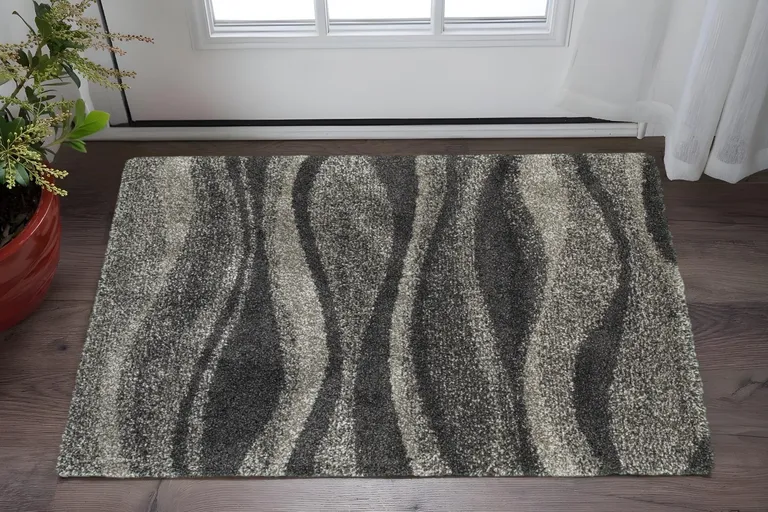 Charcoal Silver And Grey Abstract Shag Power Loom Stain Resistant Area Rug Photo 5