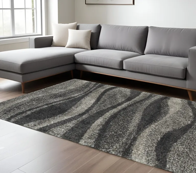 Charcoal Silver And Grey Abstract Shag Power Loom Stain Resistant Area Rug Photo 5