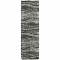 Photo of Charcoal Silver And Grey Abstract Shag Power Loom Stain Resistant Runner Rug