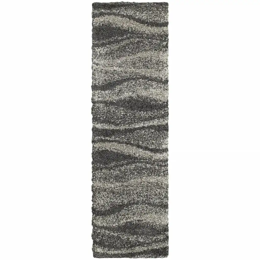 Charcoal Silver And Grey Abstract Shag Power Loom Stain Resistant Runner Rug Photo 1