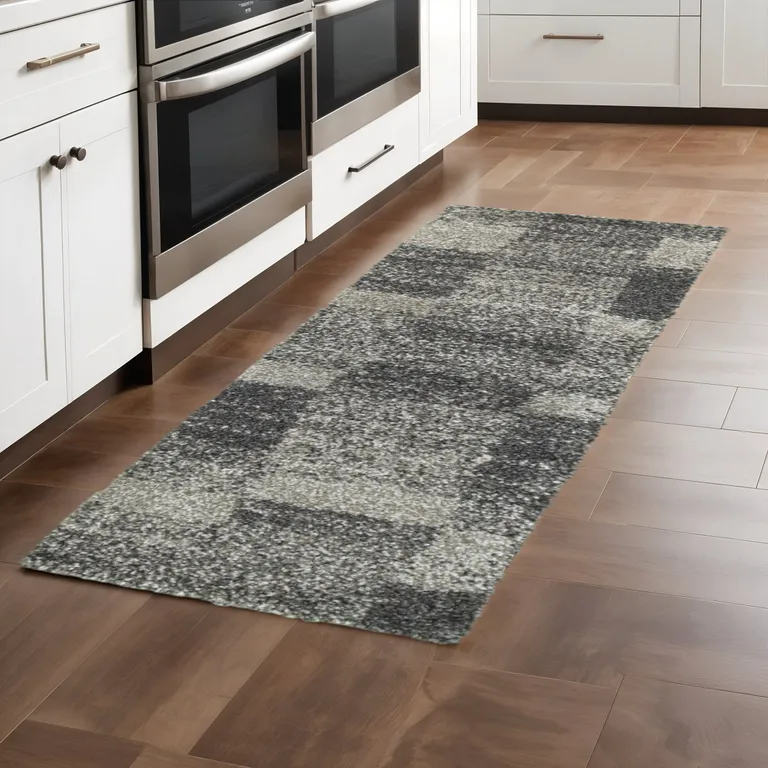 Charcoal Silver And Grey Geometric Shag Power Loom Stain Resistant Runner Rug Photo 4