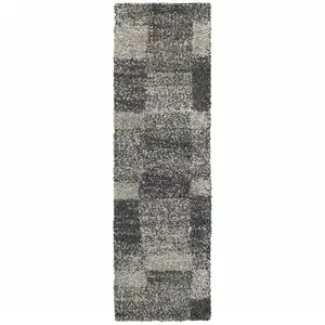 Photo of Charcoal Silver And Grey Geometric Shag Power Loom Stain Resistant Runner Rug