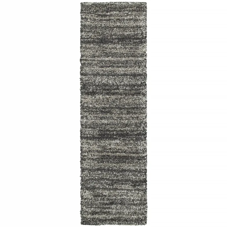 Charcoal Silver And Grey Geometric Shag Power Loom Stain Resistant Runner Rug Photo 1
