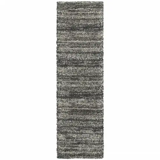Charcoal Silver And Grey Geometric Shag Power Loom Stain Resistant Runner Rug Photo 1
