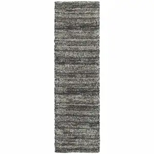 Photo of Charcoal Silver And Grey Geometric Shag Power Loom Stain Resistant Runner Rug