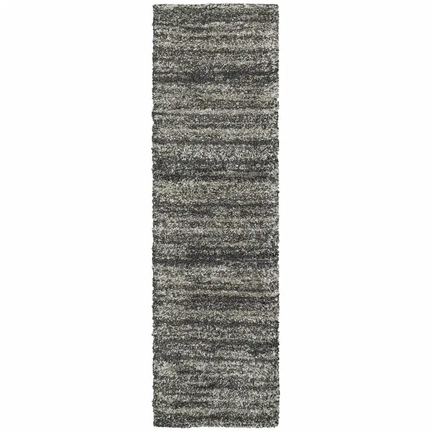 Charcoal Silver And Grey Geometric Shag Power Loom Stain Resistant Runner Rug Photo 1