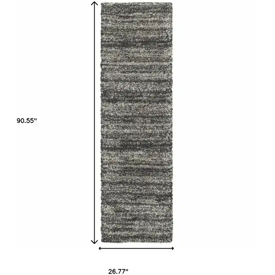 8' Black and Gray Geometric Shag Power Loom Runner Rug Photo 6