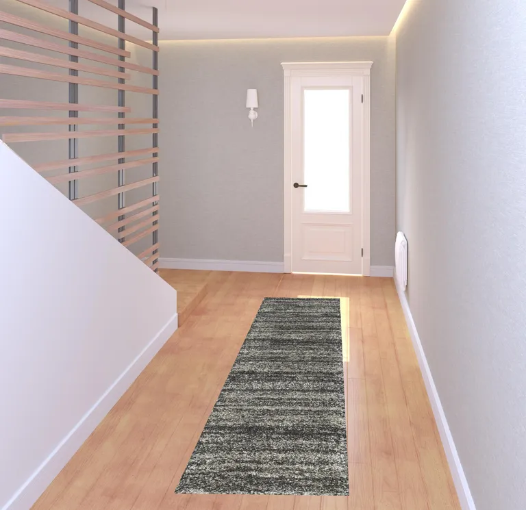 Charcoal Silver And Grey Geometric Shag Power Loom Stain Resistant Runner Rug Photo 2