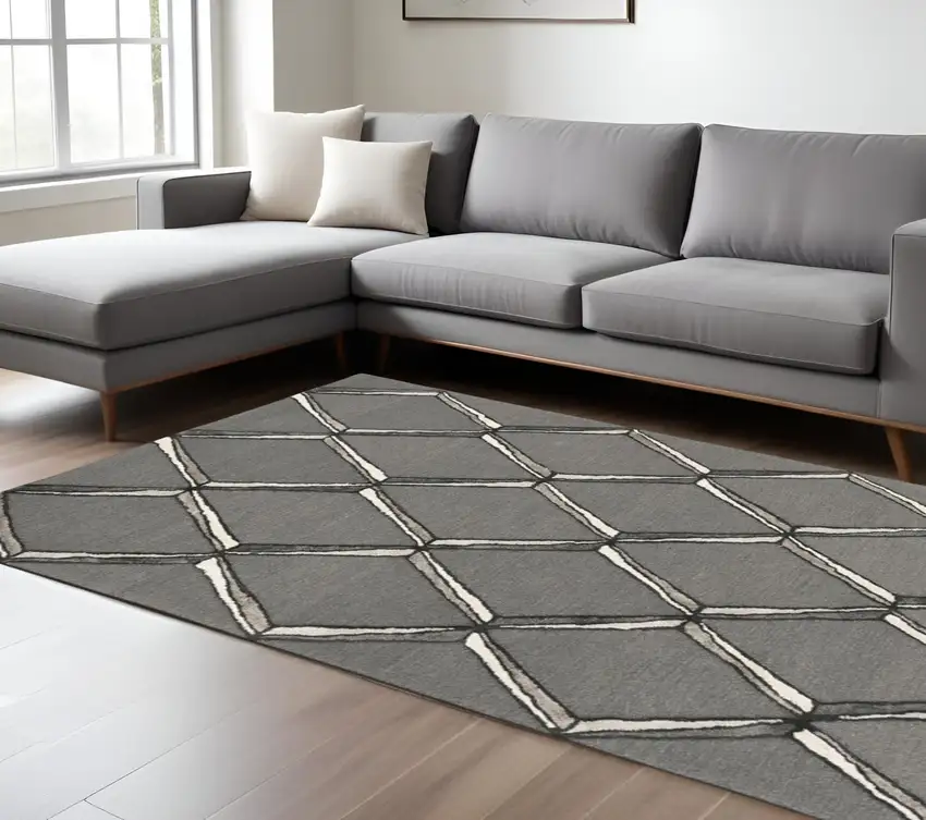 Gray And Ivory Wool Geometric Hand Tufted Area Rug Photo 2