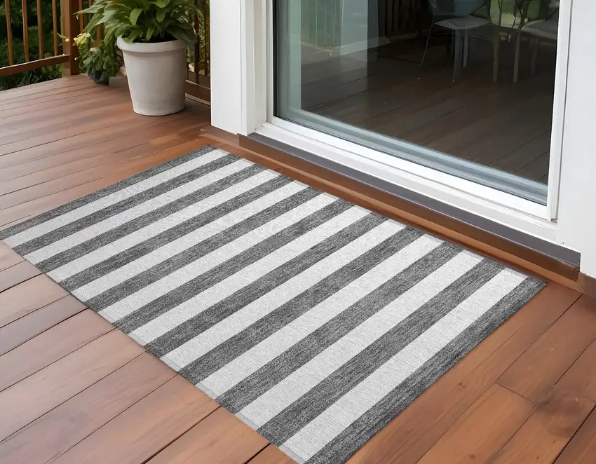 Charcoal Striped Washable Non Skid Indoor Outdoor Area Rug Photo 1