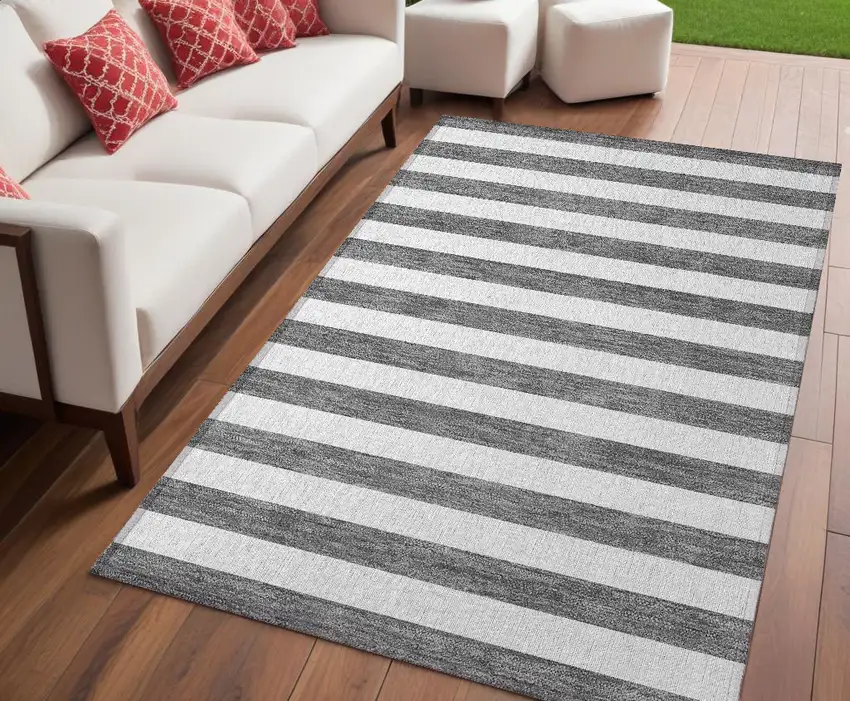 Charcoal Striped Washable Non Skid Indoor Outdoor Area Rug Photo 1