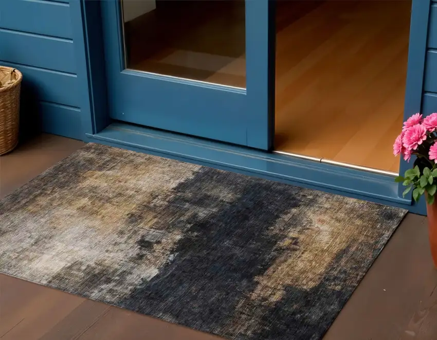 Charcoal Tan And Beige Abstract Washable Indoor Outdoor Area Rug Photo 1