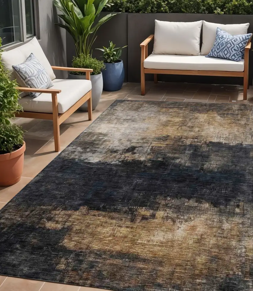 Charcoal Tan And Beige Abstract Washable Indoor Outdoor Area Rug Photo 1
