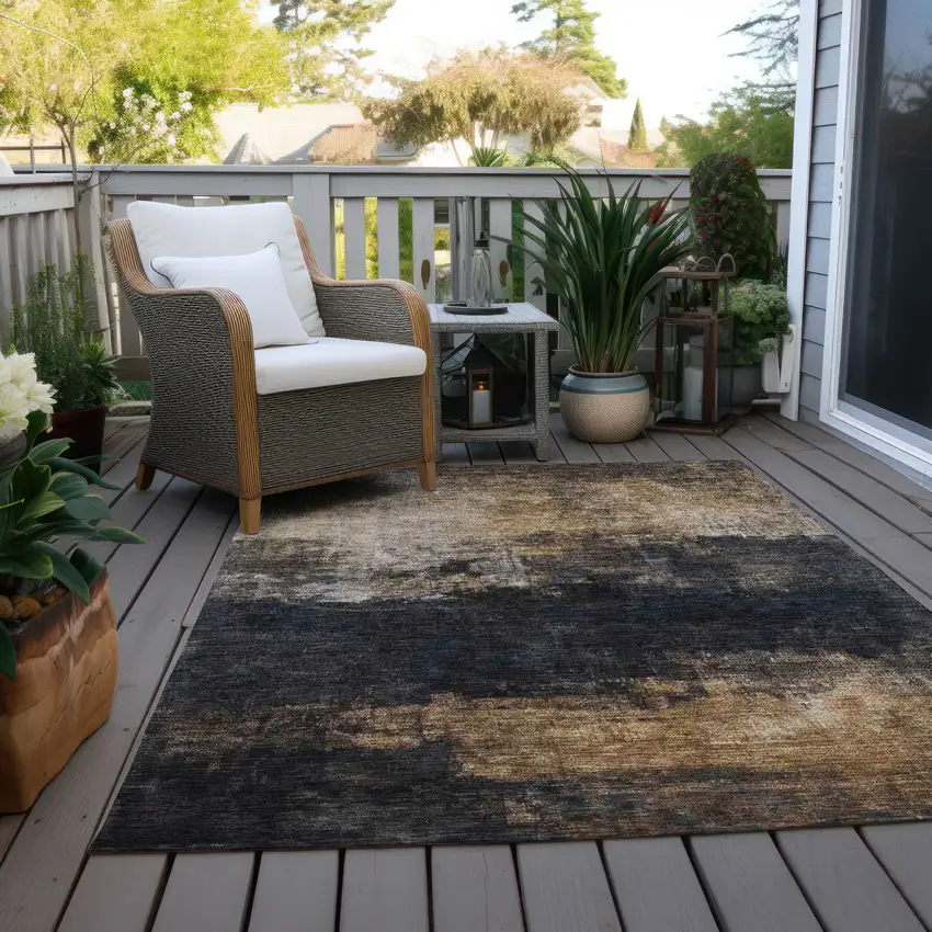 Charcoal Tan And Beige Abstract Washable Indoor Outdoor Area Rug Photo 8