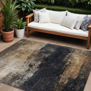 Photo of Charcoal Tan And Beige Abstract Washable Indoor Outdoor Area Rug
