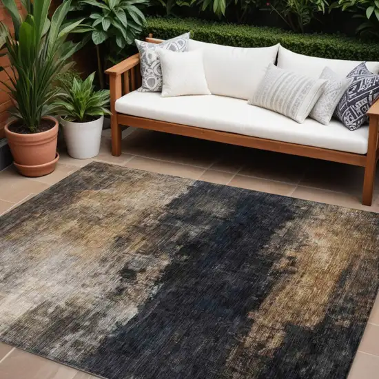 Charcoal Tan And Beige Abstract Washable Indoor Outdoor Area Rug Photo 1