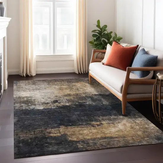 Charcoal Tan And Beige Abstract Washable Indoor Outdoor Area Rug Photo 9