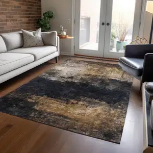 Photo of Charcoal Tan And Beige Abstract Washable Indoor Outdoor Area Rug