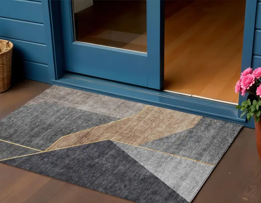 Charcoal Taupe And Gray Geometric Washable Indoor Outdoor Area Rug Photo 1