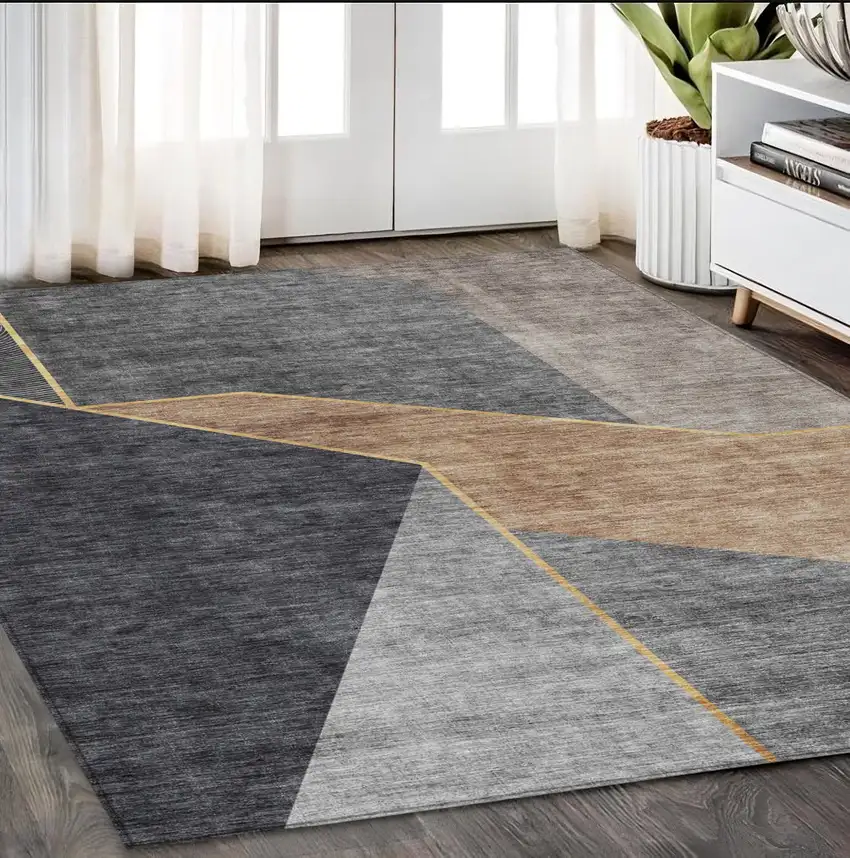 Charcoal Taupe And Gray Geometric Washable Indoor Outdoor Area Rug Photo 8