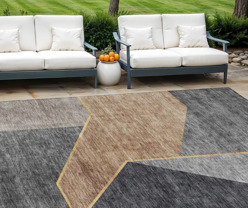 Charcoal Taupe And Gray Geometric Washable Indoor Outdoor Area Rug Photo 1