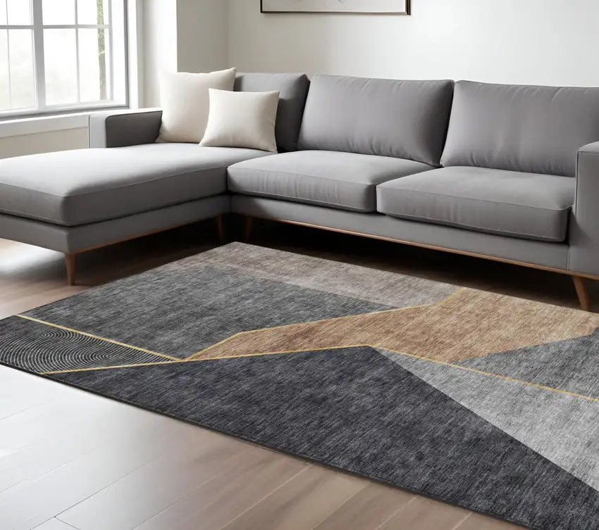 Charcoal Taupe And Gray Geometric Washable Indoor Outdoor Area Rug Photo 8