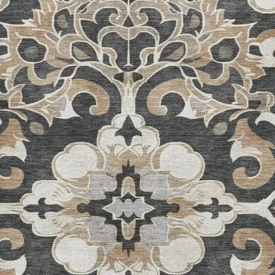 Charcoal Taupe And Ivory Floral Medallion Washable Area Rug With UV Protection Photo 3