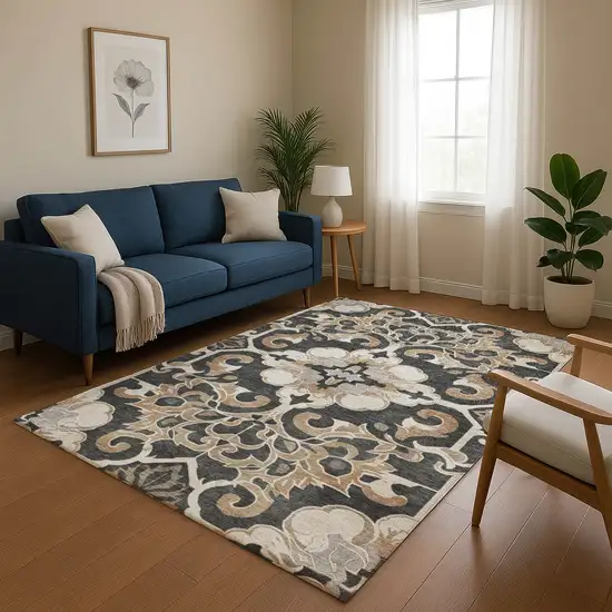 Charcoal Taupe And Ivory Floral Medallion Washable Area Rug With UV Protection Photo 5