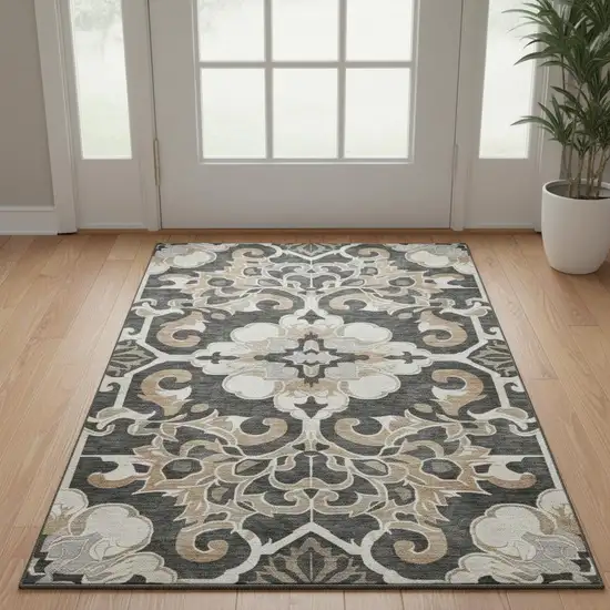 Charcoal Taupe And Ivory Floral Medallion Washable Area Rug With UV Protection Photo 2