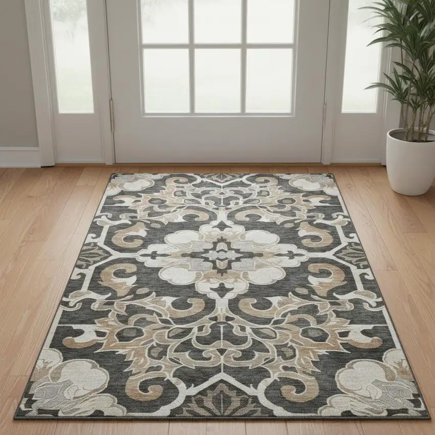 Charcoal Taupe And Ivory Floral Medallion Washable Area Rug With UV Protection Photo 2