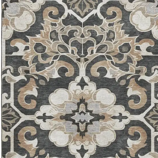 Charcoal Taupe And Ivory Floral Medallion Washable Area Rug With UV Protection Photo 4
