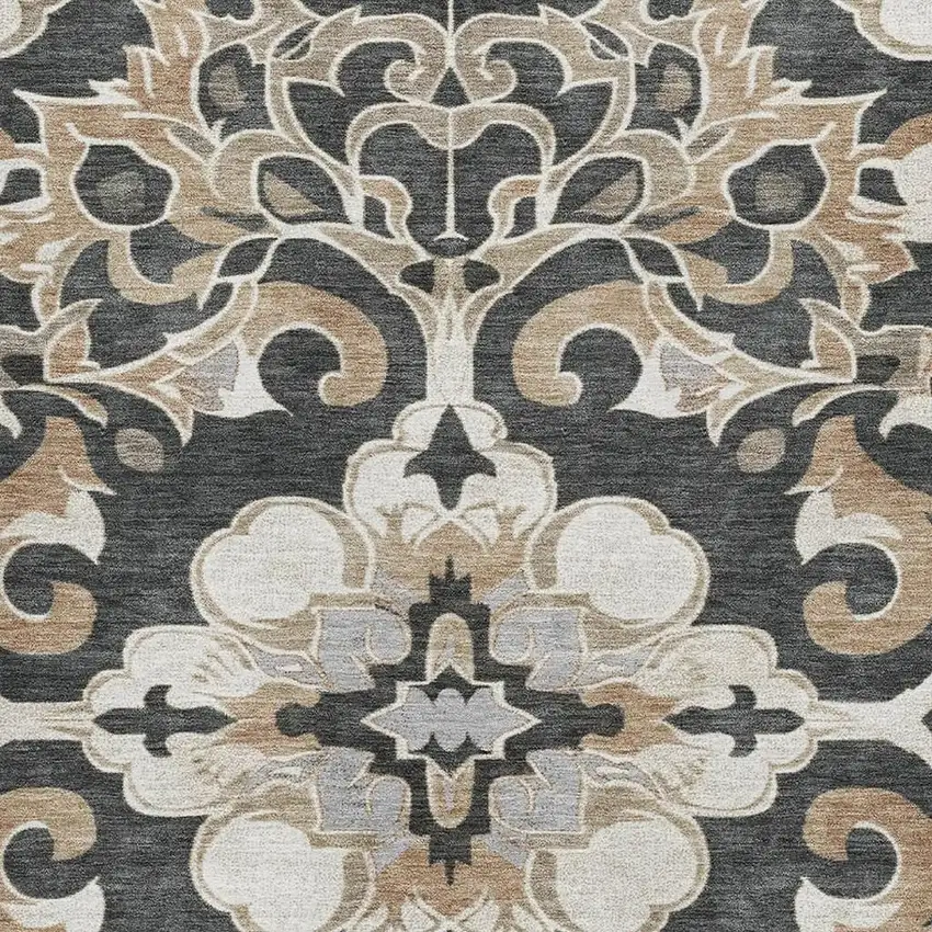 Charcoal Taupe And Ivory Floral Medallion Washable Area Rug With UV Protection Photo 3