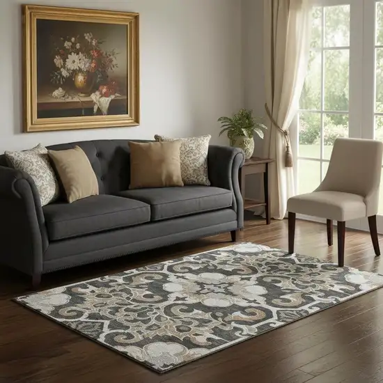 Charcoal Taupe And Ivory Floral Medallion Washable Area Rug With UV Protection Photo 2