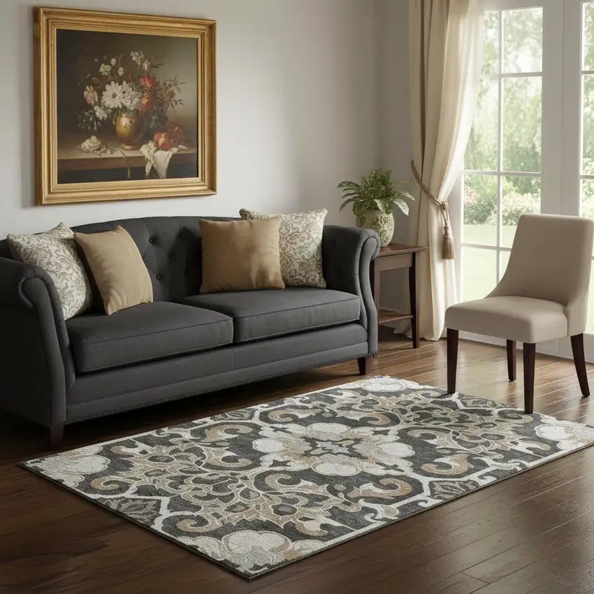 Charcoal Taupe And Ivory Floral Medallion Washable Area Rug With UV Protection Photo 2