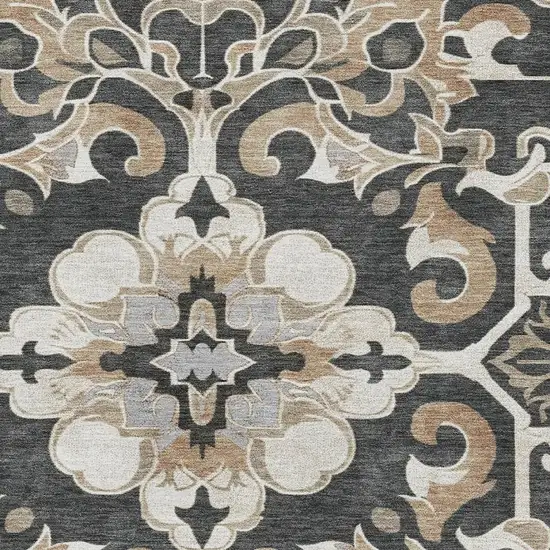 Charcoal Taupe And Ivory Floral Medallion Washable Area Rug With UV Protection Photo 3