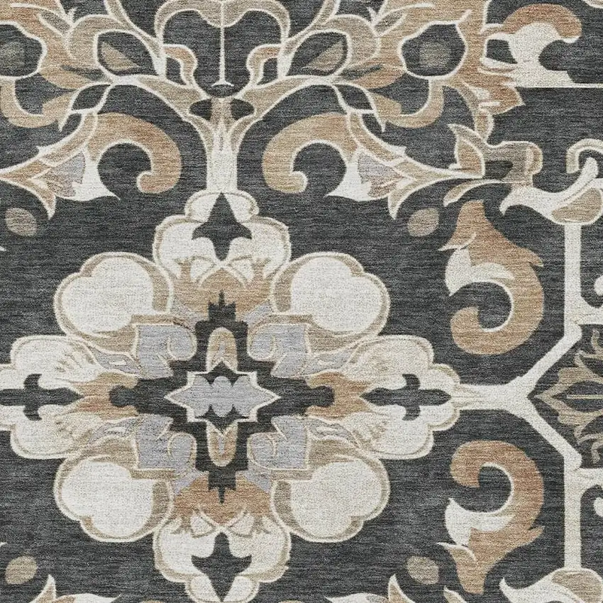 Charcoal Taupe And Ivory Floral Medallion Washable Area Rug With UV Protection Photo 3