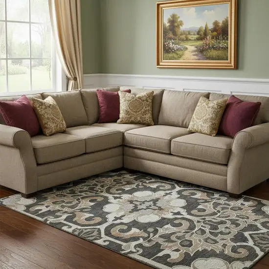 Charcoal Taupe And Ivory Floral Medallion Washable Area Rug With UV Protection Photo 2