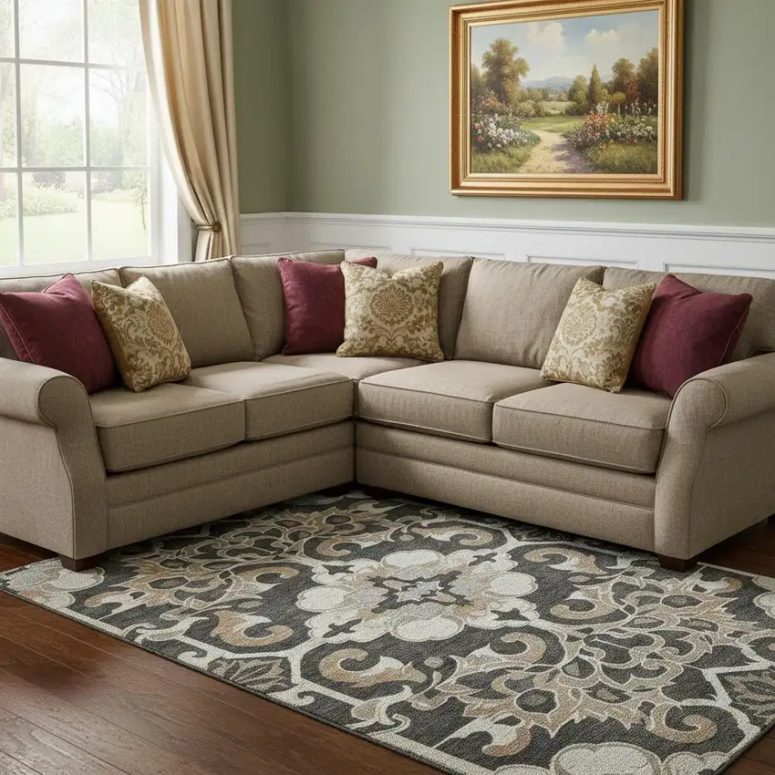 Charcoal Taupe And Ivory Floral Medallion Washable Area Rug With UV Protection Photo 2