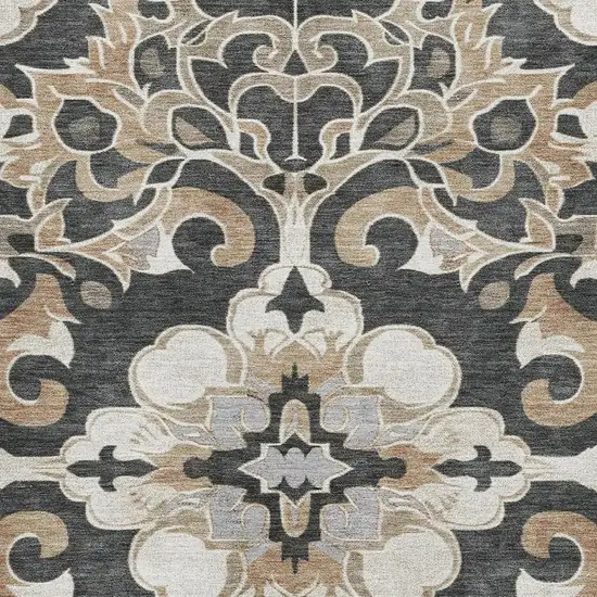 Charcoal Taupe And Ivory Floral Medallion Washable Area Rug With UV Protection Photo 3