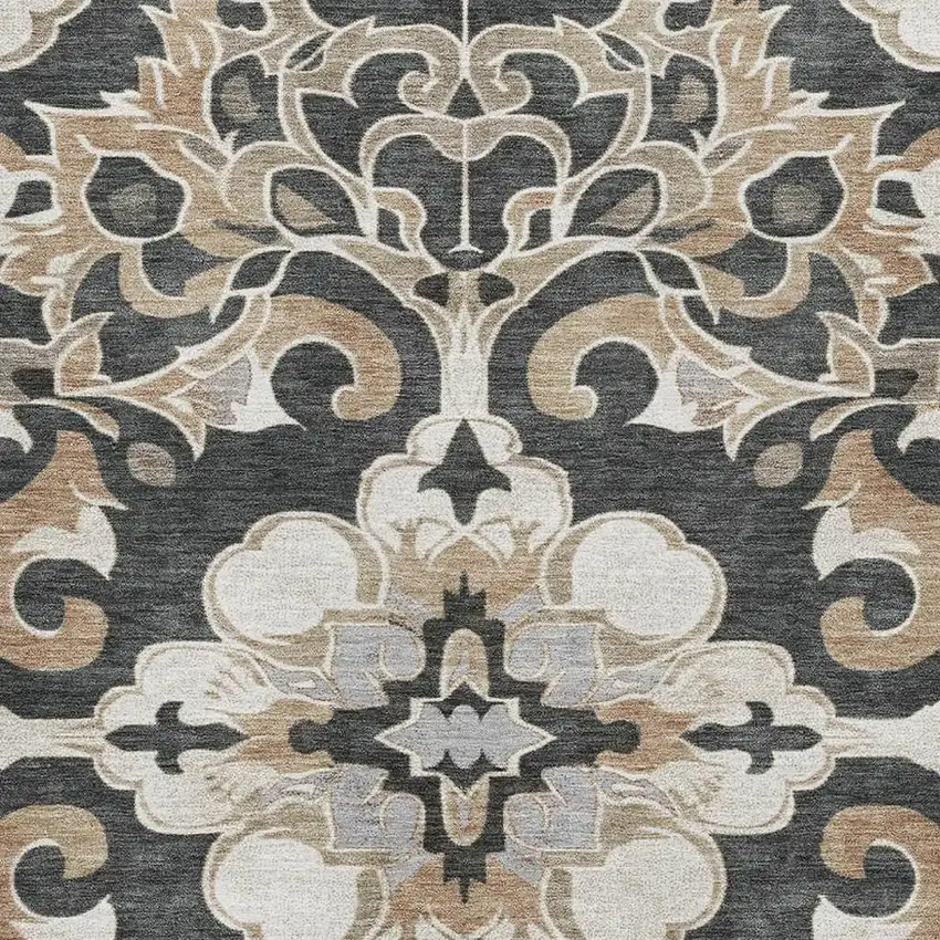 Charcoal Taupe And Ivory Floral Medallion Washable Area Rug With UV Protection Photo 3