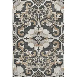 Photo of Charcoal Taupe And Ivory Floral Medallion Washable Area Rug With UV Protection