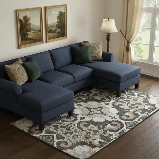 Charcoal Taupe And Ivory Floral Medallion Washable Area Rug With UV Protection Photo 2