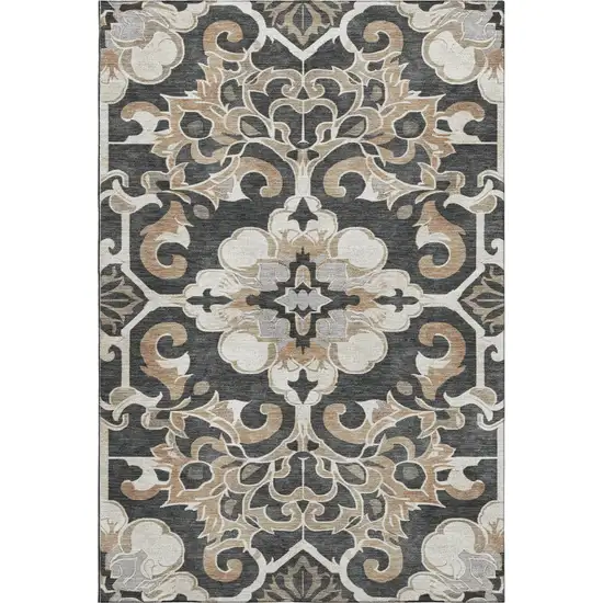 Charcoal Taupe And Ivory Floral Medallion Washable Area Rug With UV Protection Photo 1