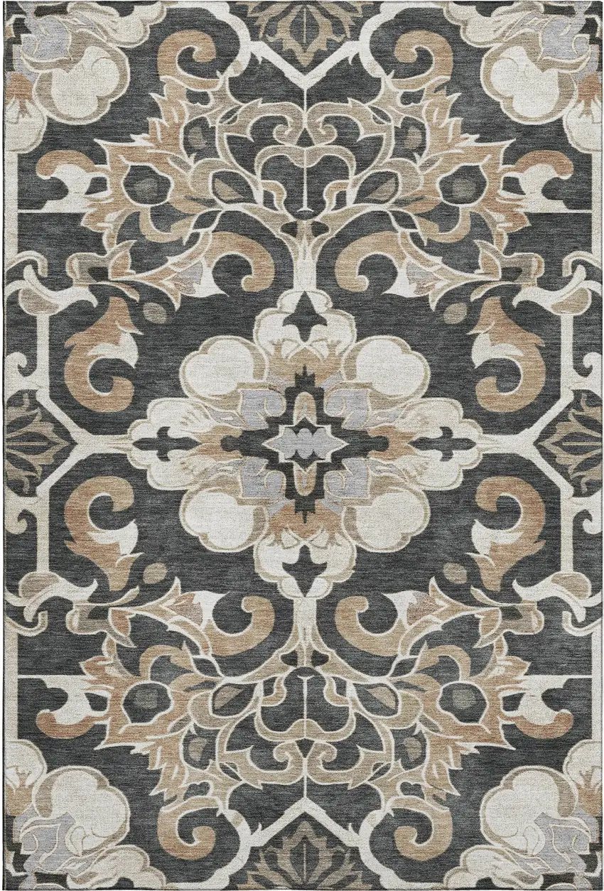 Charcoal Taupe And Ivory Floral Medallion Washable Area Rug With UV Protection Photo 1