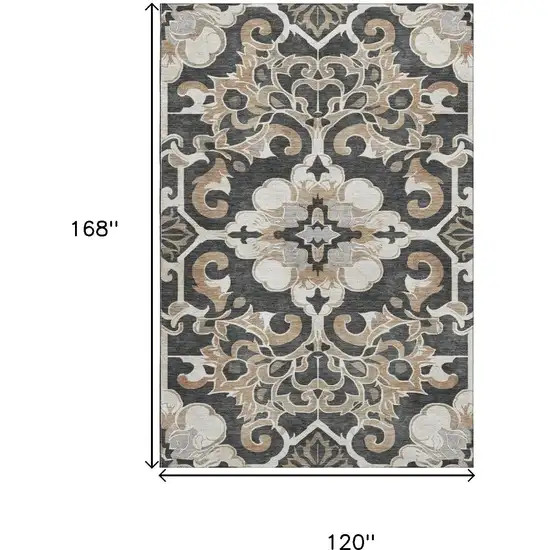 Charcoal Taupe And Ivory Floral Medallion Washable Area Rug With UV Protection Photo 9